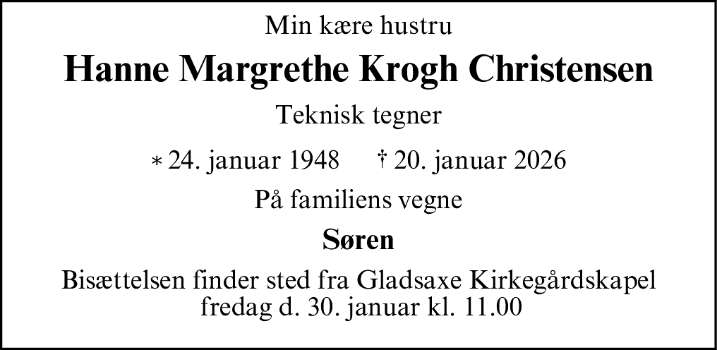 Dødsannonce for Hanne Margrethe Krogh Christensen