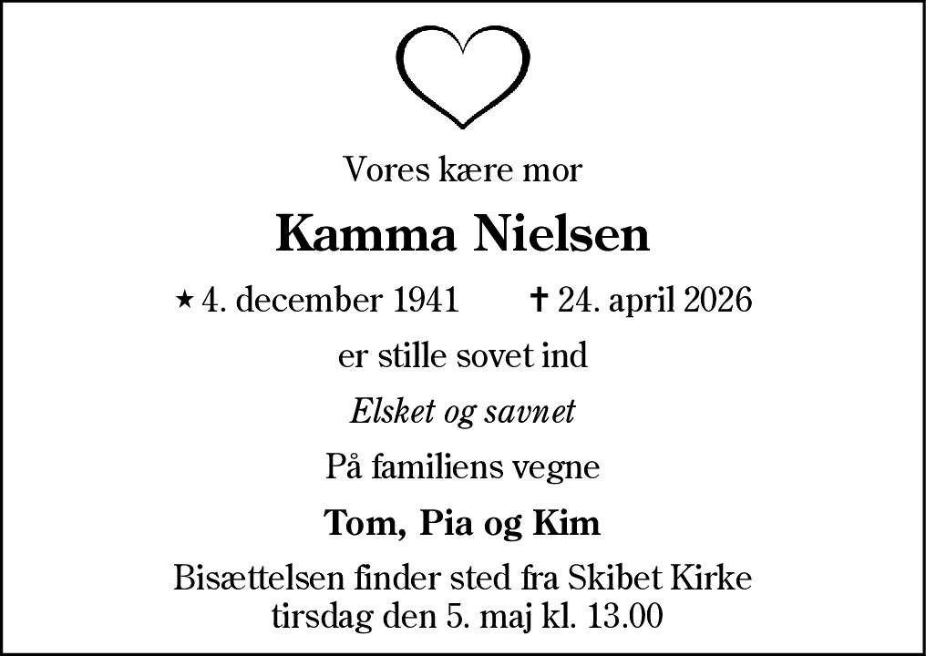 Dødsannonce for Kamma Nielsen