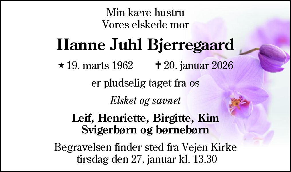 Dødsannonce for Hanne Juhl Bjerregaard