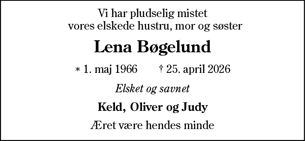 Dødsannonce for Lena Bøgelund