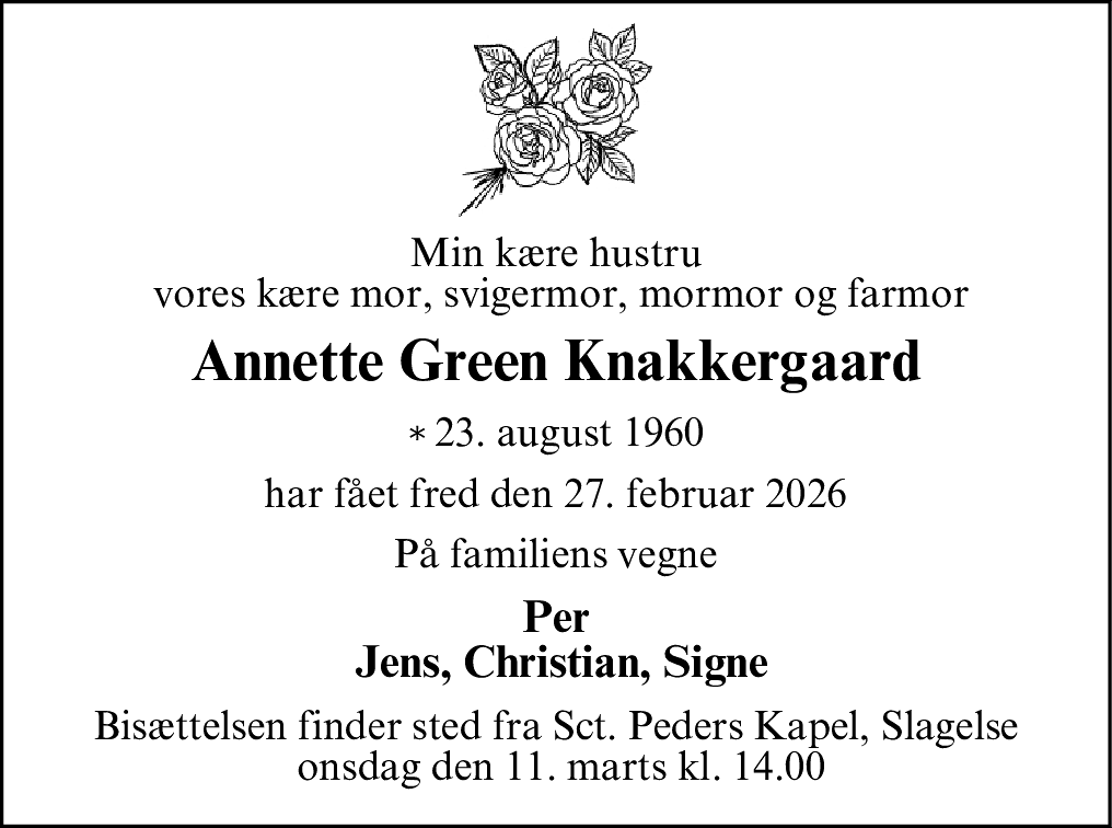 Dødsannonce for Annette Bodil Green Knakkergaard