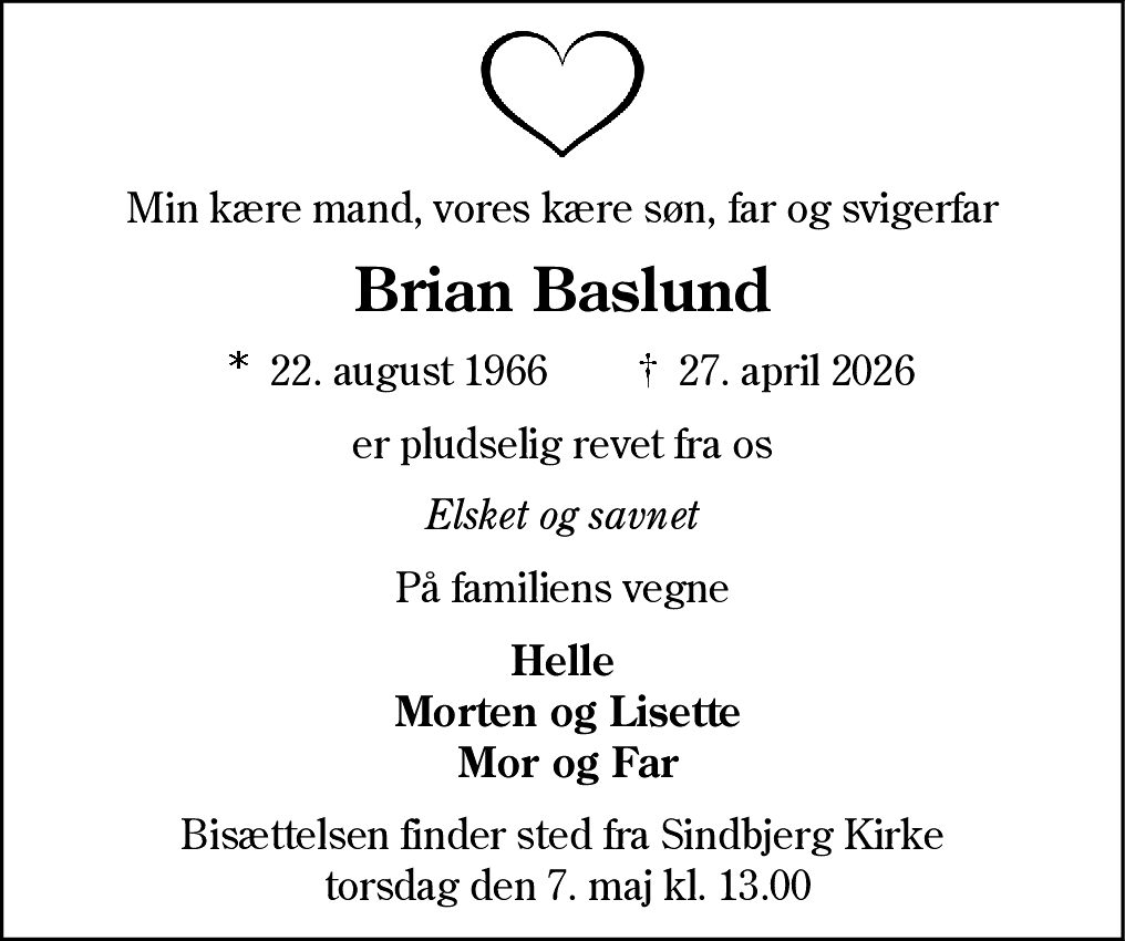 Dødsannonce for Brian Baslund