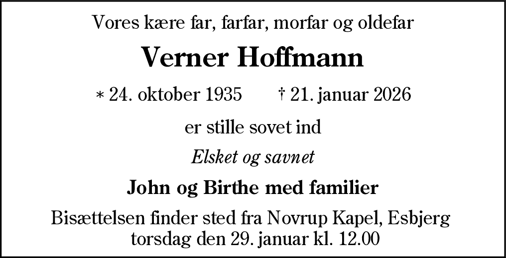 Dødsannonce for Verner Hoffmann