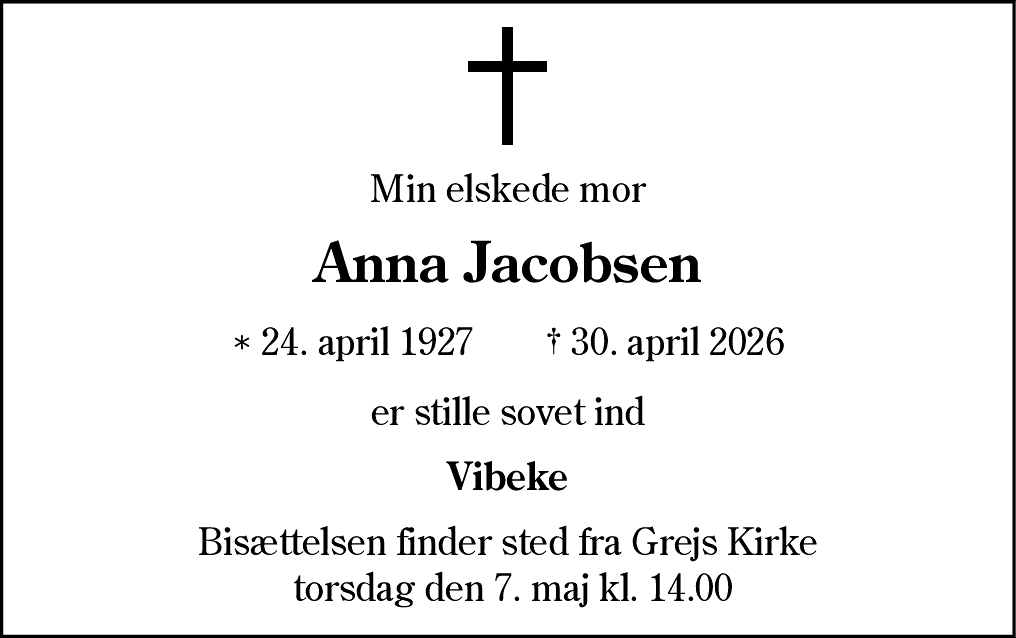 Dødsannonce for Anna Christine Jacobsen