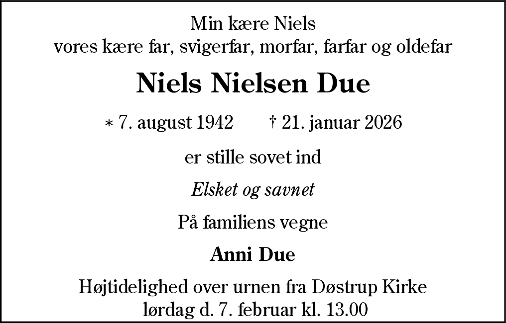 Dødsannonce for Niels Nielsen Due