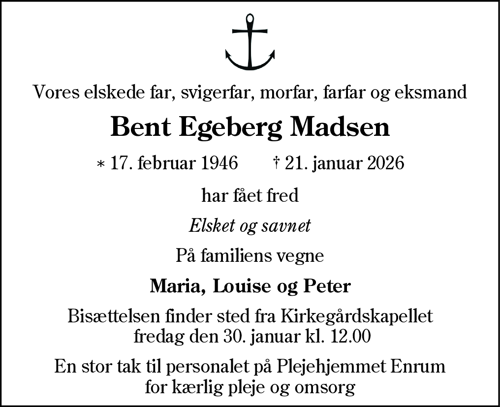 Dødsannonce for Bent Egeberg Madsen