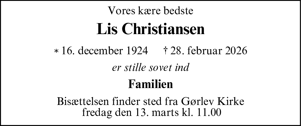 Dødsannonce for Ruth Lisbeth Christiansen