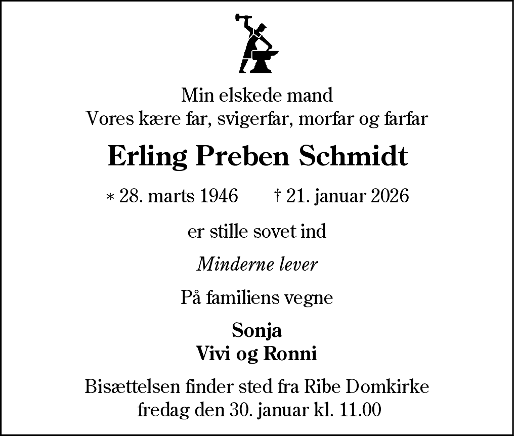 Dødsannonce for Erling Preben Schmidt