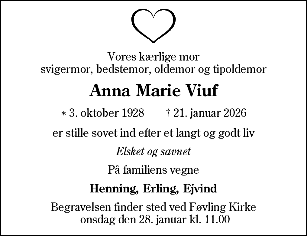 Dødsannonce for Anna Marie Viuf