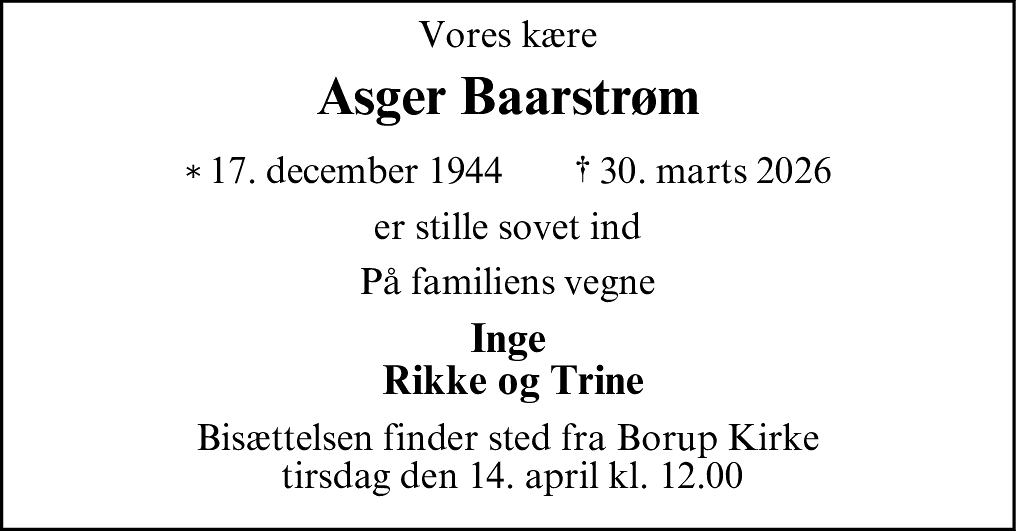 Dødsannonce for Asger Baarstrøm