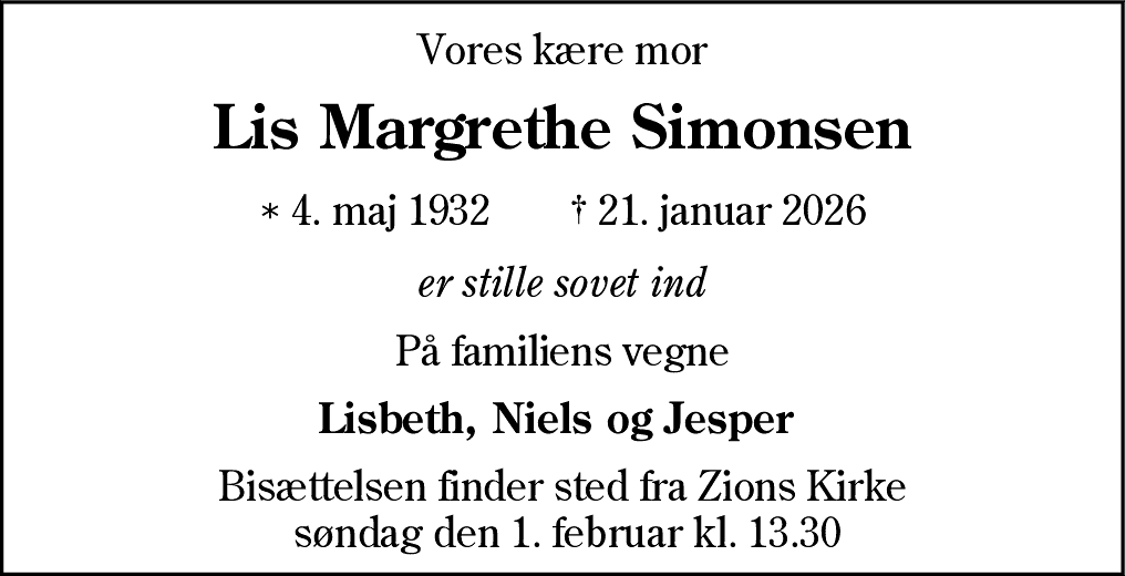 Dødsannonce for Lis Margrethe Simonsen