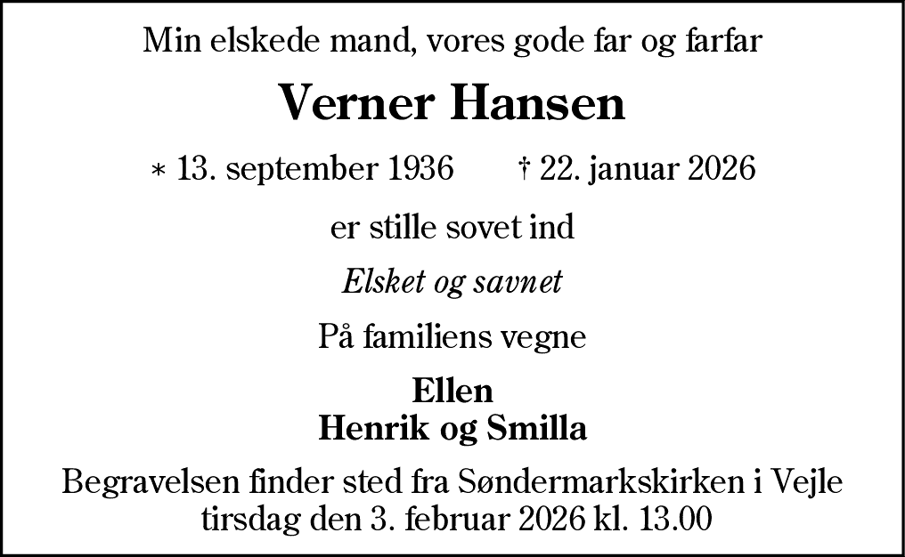 Dødsannonce for Verner Hansen