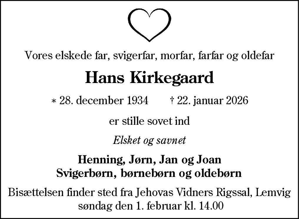 Dødsannonce for Hans Kirkegaard