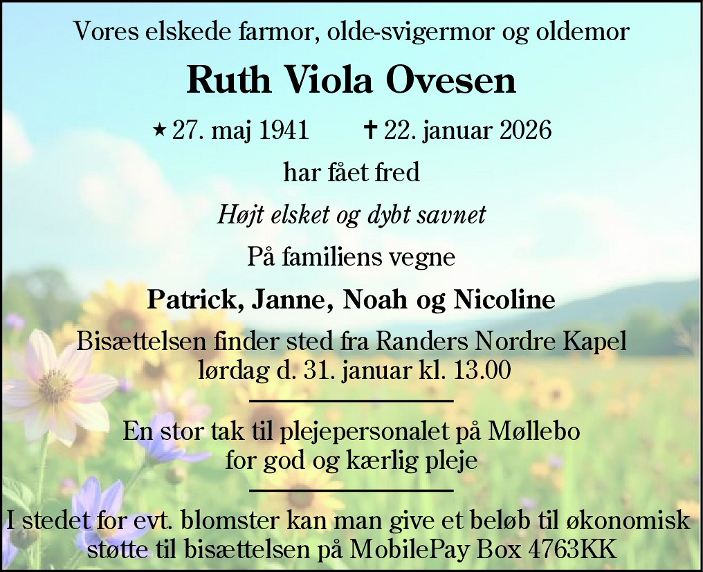 Dødsannonce for Ruth Viola Ovesen