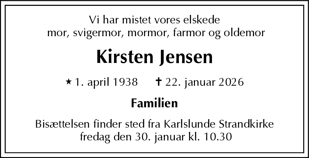 Dødsannonce for Kirsten Jensen