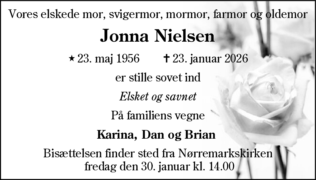 Dødsannonce for Jonna Nielsen
