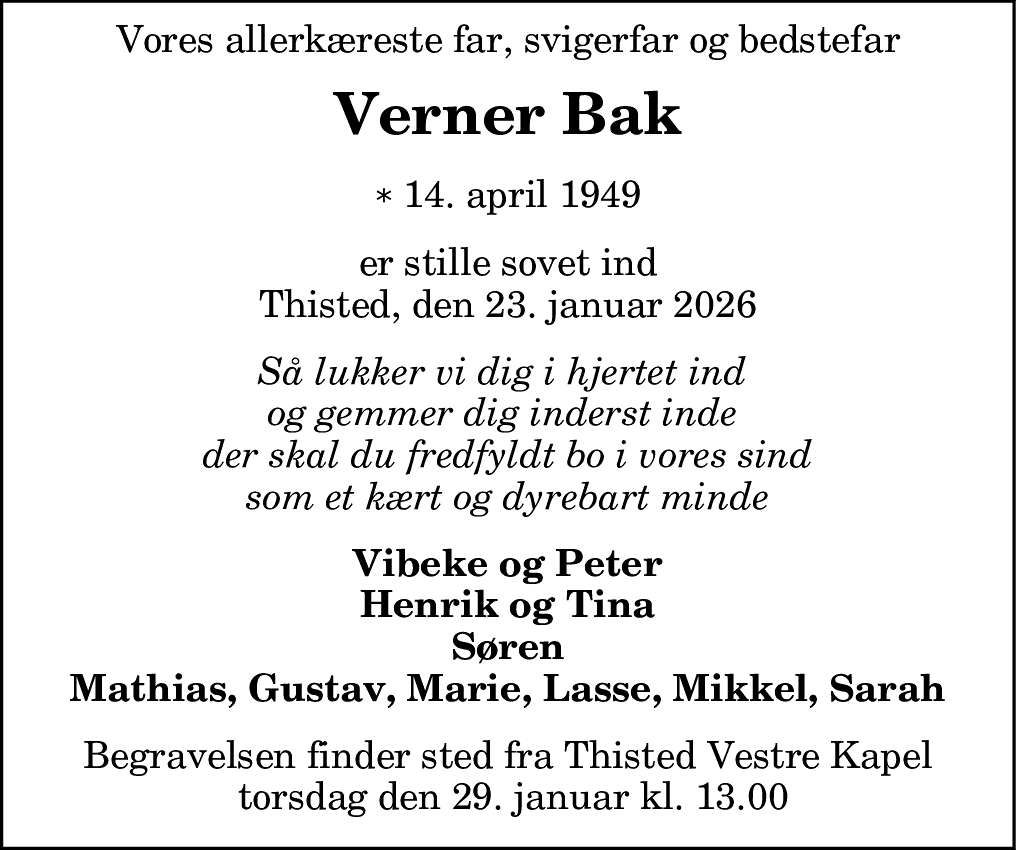 Dødsannonce for Verner Bak