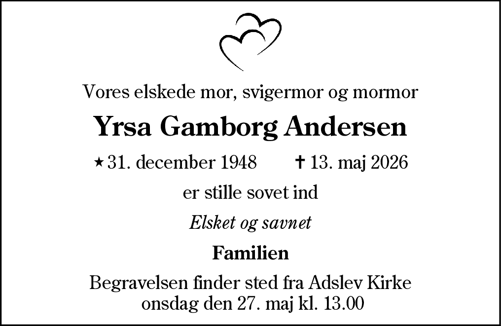 Dødsannonce for Yrsa Gamborg Andersen