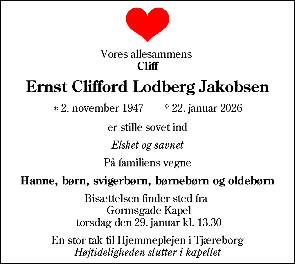 Dødsannonce for Ernst Clifford Lodberg Jakobsen