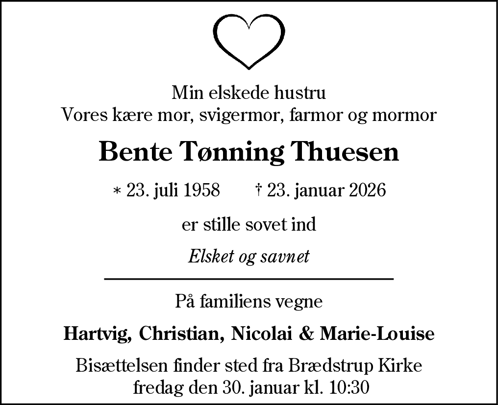 Dødsannonce for Bente Tønning Thuesen