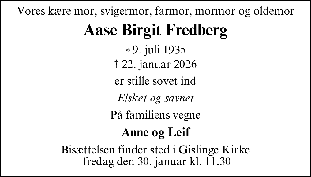 Dødsannonce for Åse Birgit Fredberg