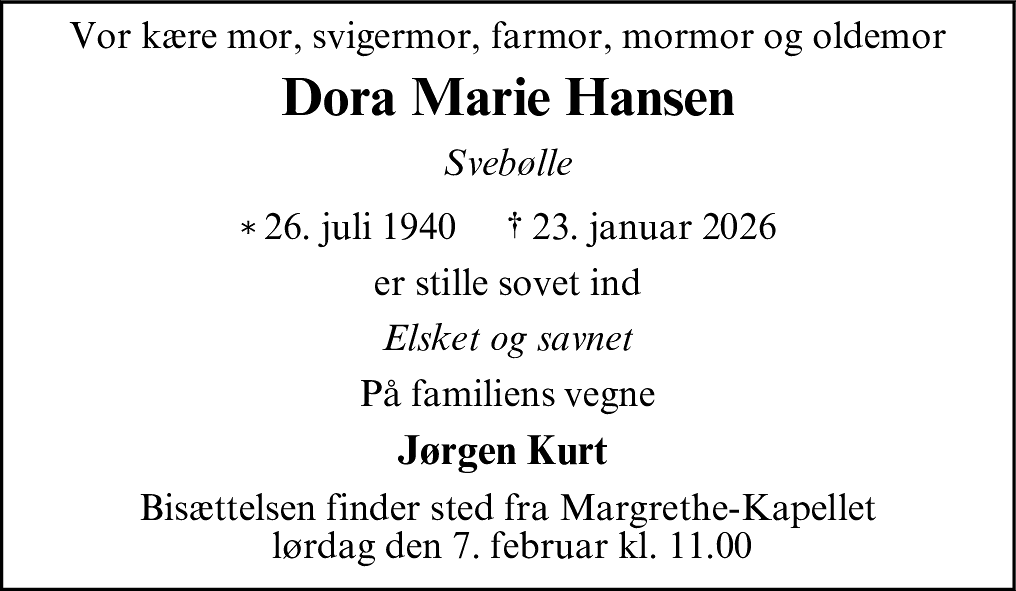 Dødsannonce for Dora Marie Hansen