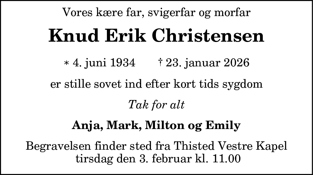 Dødsannonce for Knud Erik Christensen