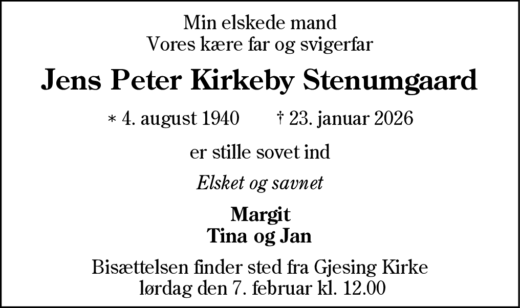 Dødsannonce for Jens Peter Kirkeby Stenumgaard