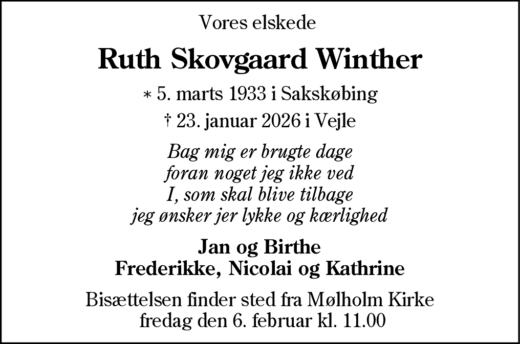 Dødsannonce for Ruth Winther