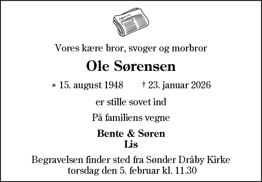 Dødsannonce for Ole Sørensen