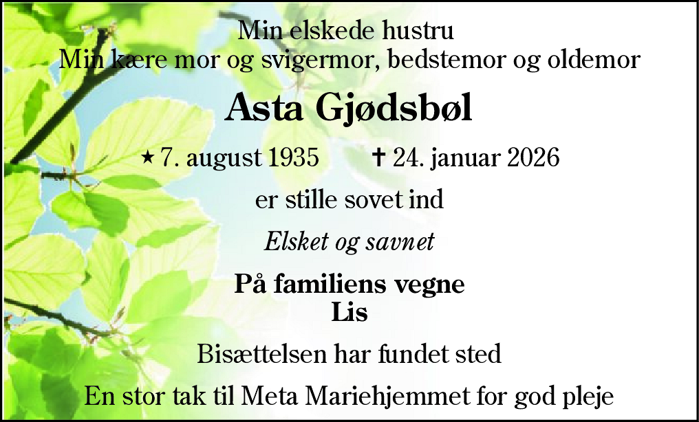 Dødsannonce for Asta Gjødsbøl