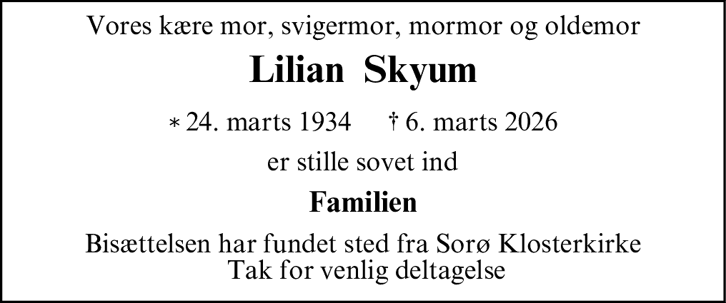 Dødsannonce for Lilian Irene Skyum