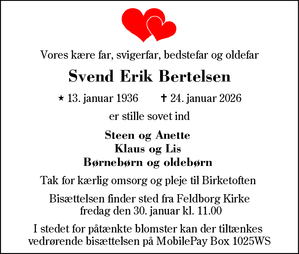 Dødsannonce for Svend Erik Bertelsen