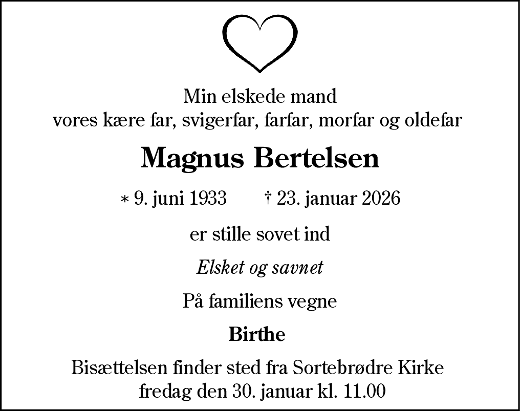 Dødsannonce for Magnus Bertelsen