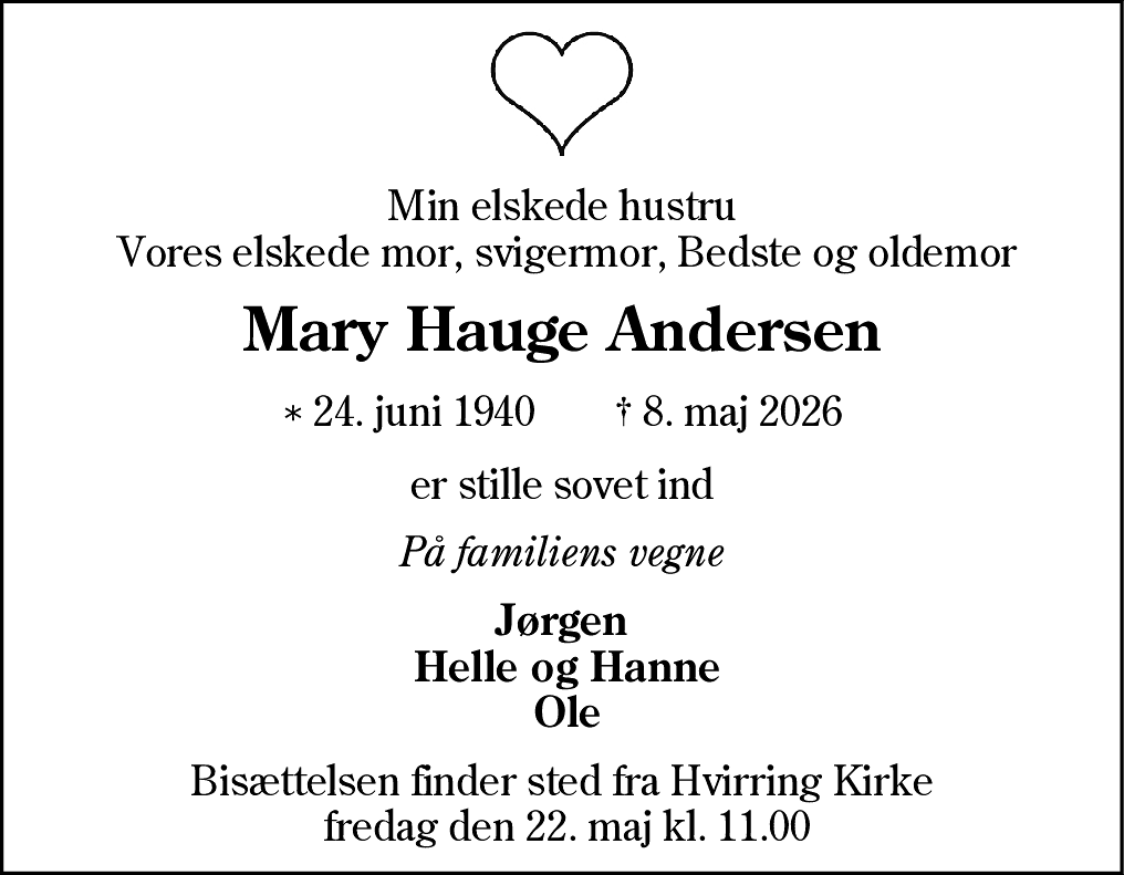 Dødsannonce for Mary Hauge Andersen