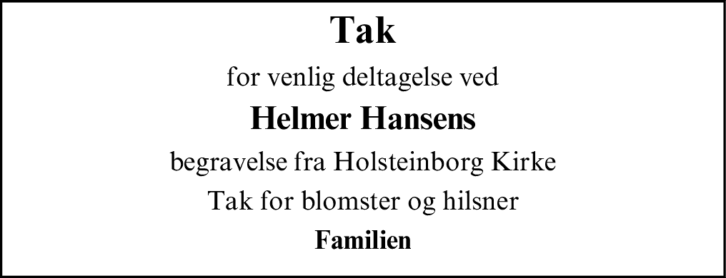 Dødsannonce for Hans Helmer Niels Hansen