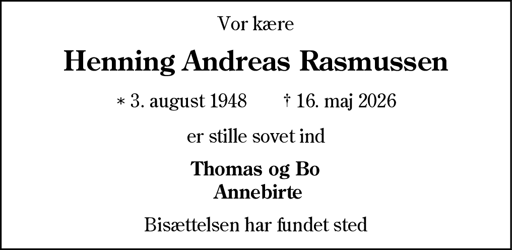 Dødsannonce for Henning Andreas Rasmussen