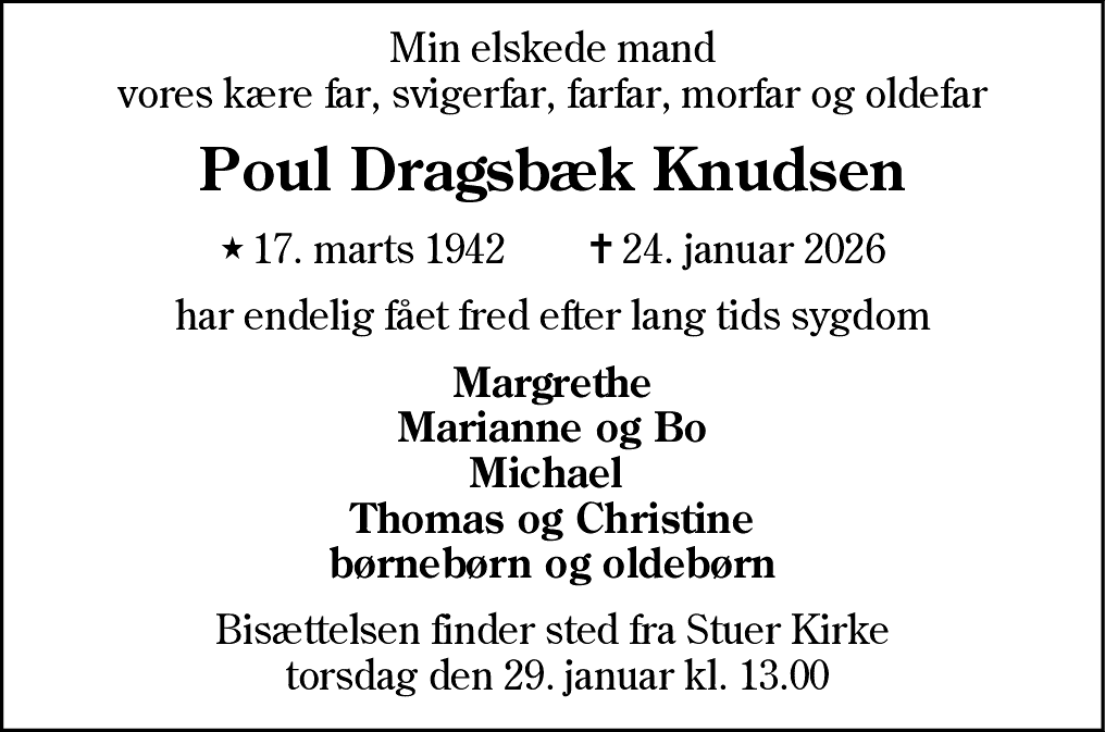 Dødsannonce for Poul Dragsbæk Knudsen