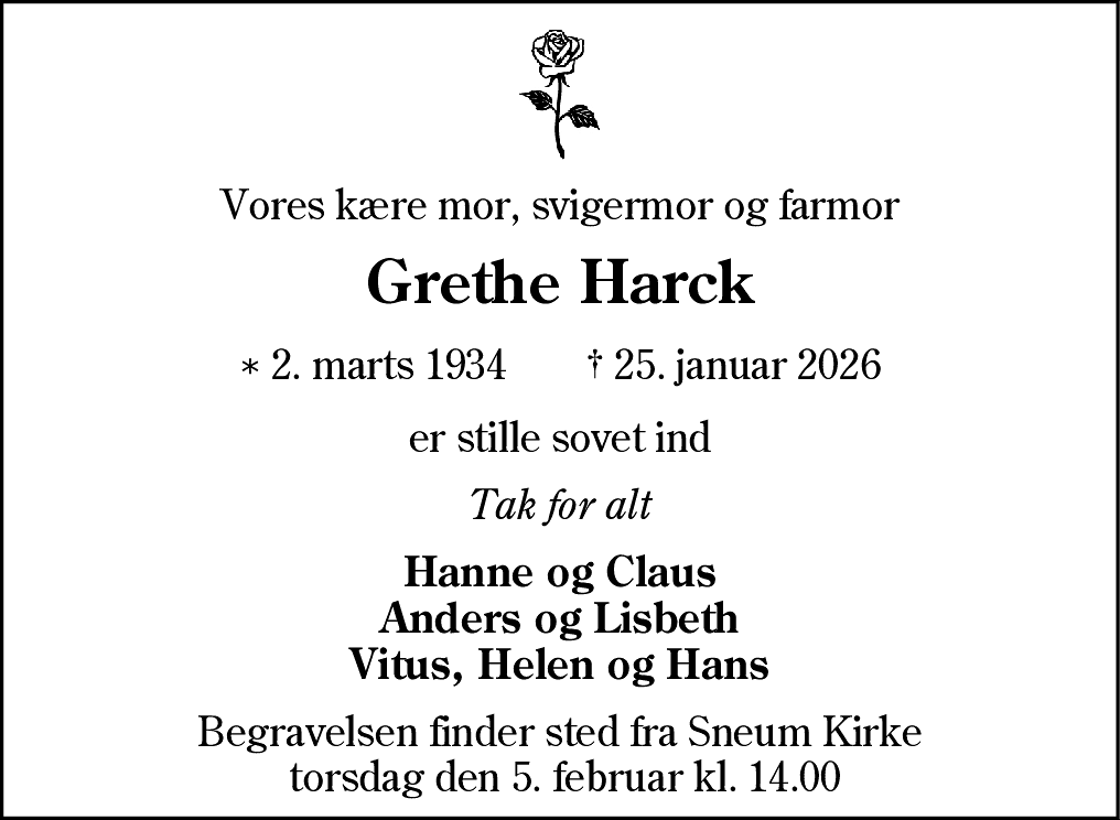 Dødsannonce for Grethe Harck