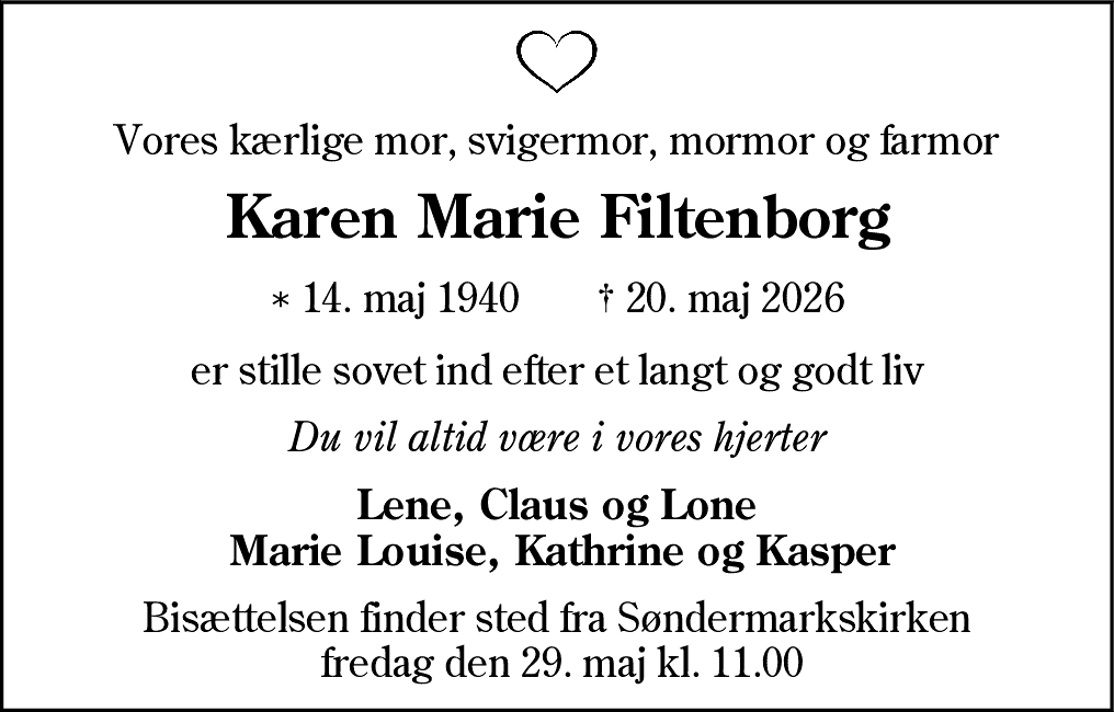 Dødsannonce for Karen Marie Nørgaard Filtenborg