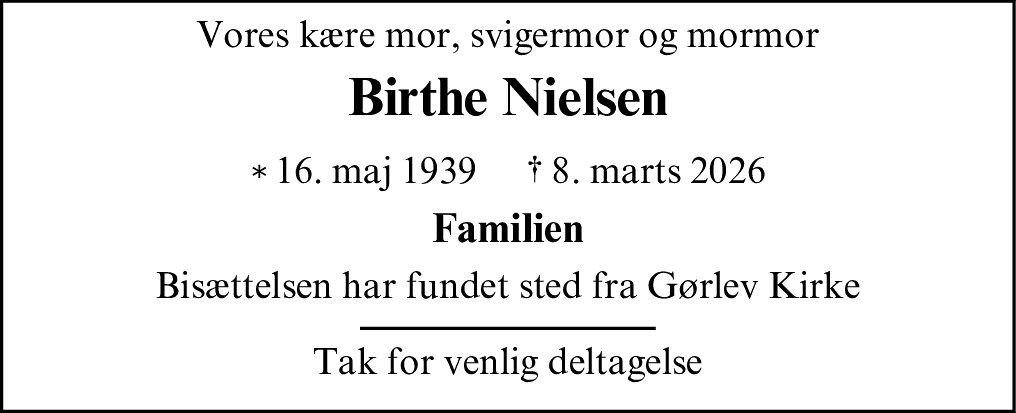Dødsannonce for Karen Birthe Nielsen