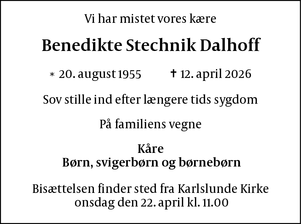 Dødsannonce for Benedikte Stechnik Dalhoff
