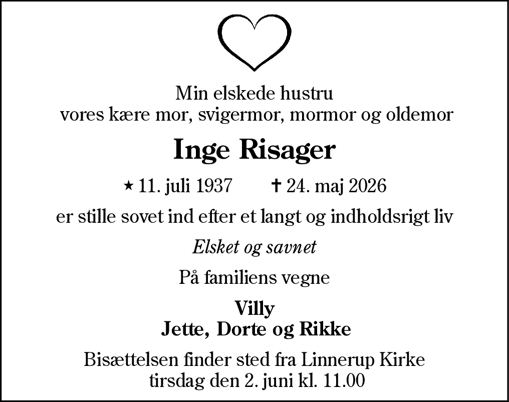 Dødsannonce for Inge Risager