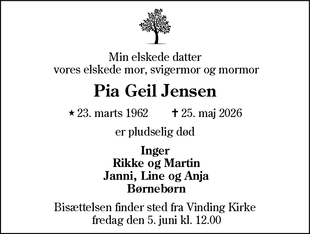 Dødsannonce for Pia Jensen