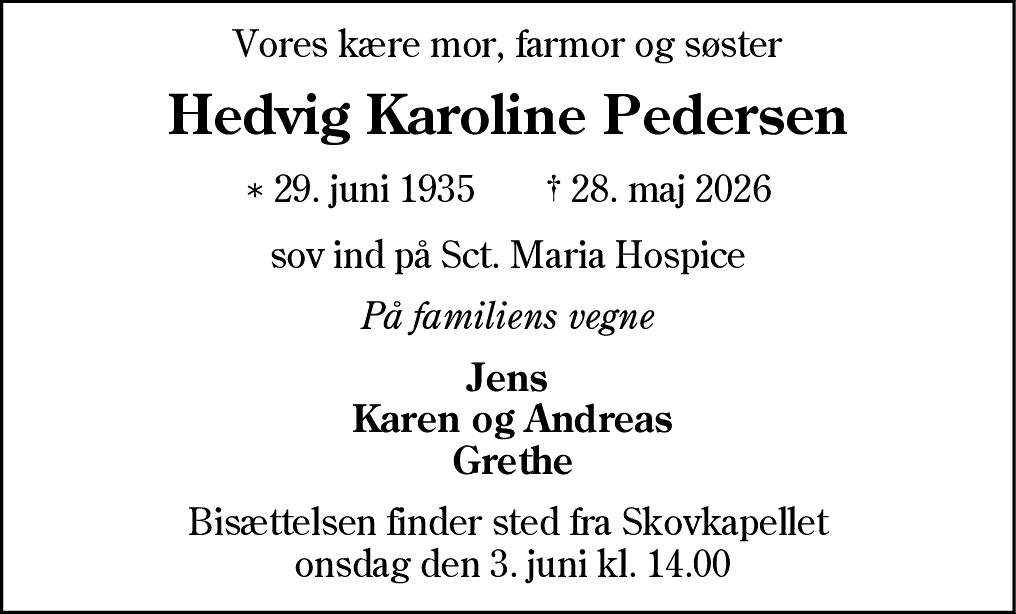 Dødsannonce for Hedvig Karoline Pedersen