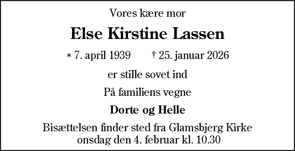 Dødsannonce for Else Kirstine Lassen