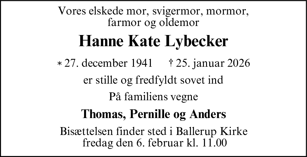 Dødsannonce for Hanne Kate Lybecker