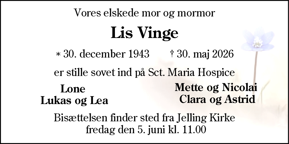 Dødsannonce for Lis Vinge