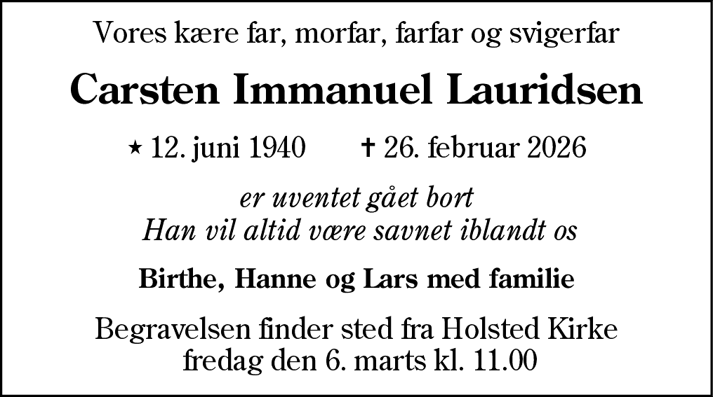 Dødsannonce for Carsten Immanuel Lauridsen
