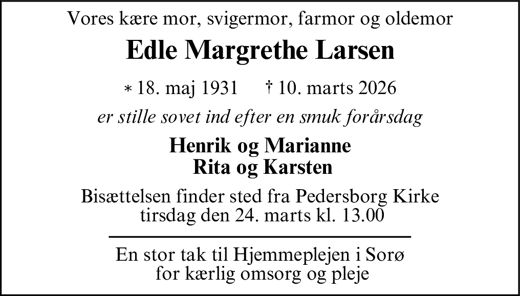 Dødsannonce for Edle Margrethe Larsen